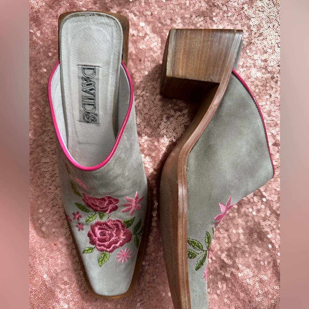 Gray and Pink Mules with Floral Embellishment